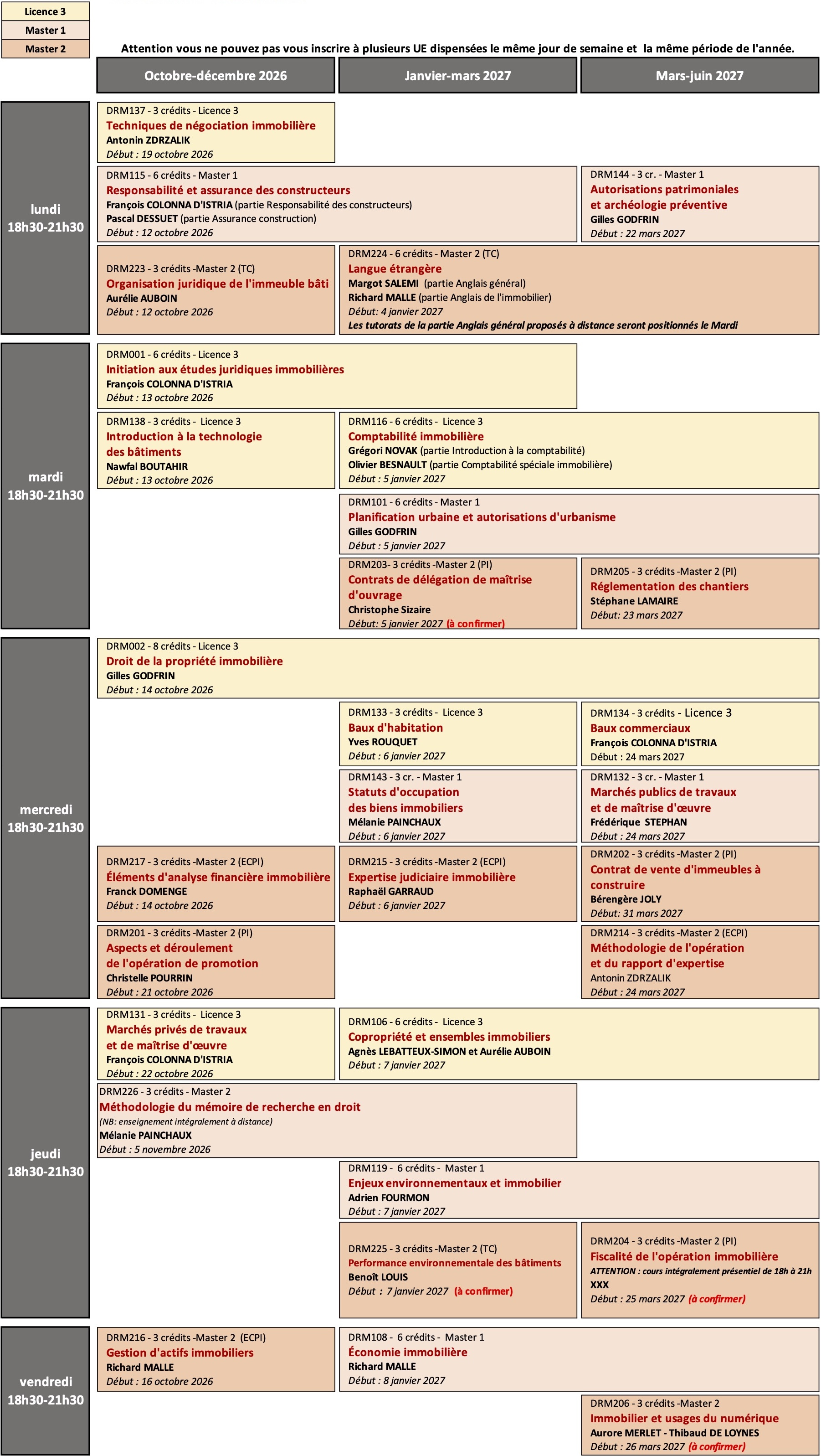 Calendrier Cours hybrides